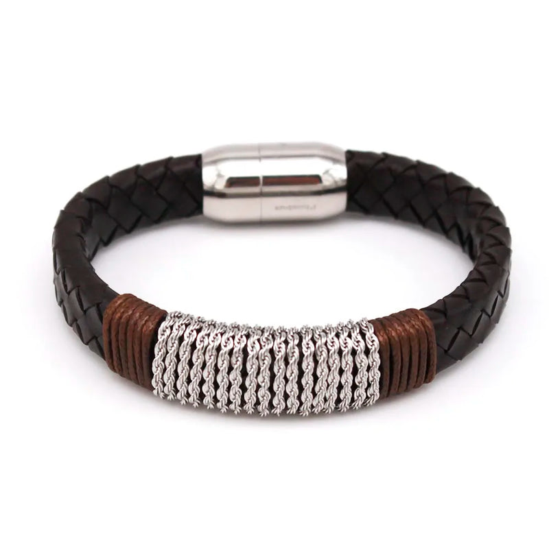 Stainless Steel Leather Bracelet Men Charm Magnetic Clasp