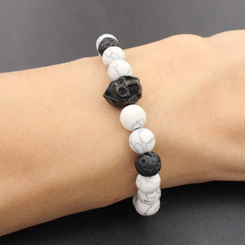 Skull Charm Bracelet Stainless Steel & Natural Stone Beads