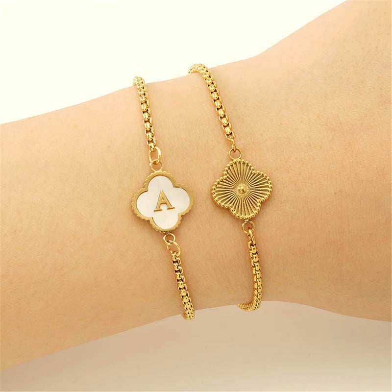 Stainless Steel Initial Letter Clover Bracelet for Women