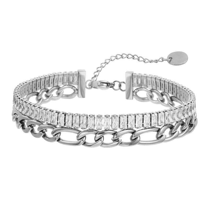 Double Chain CZ Stainless Steel Bracelet for Women Men