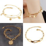 Women's Stainless Steel Charm Bracelet Double Layer Coin Pendant Jewelry