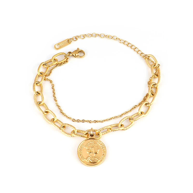 Women's Stainless Steel Charm Bracelet Double Layer Coin Pendant Jewelry