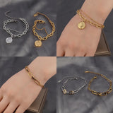 Women's Stainless Steel Charm Bracelet Double Layer Coin Pendant Jewelry