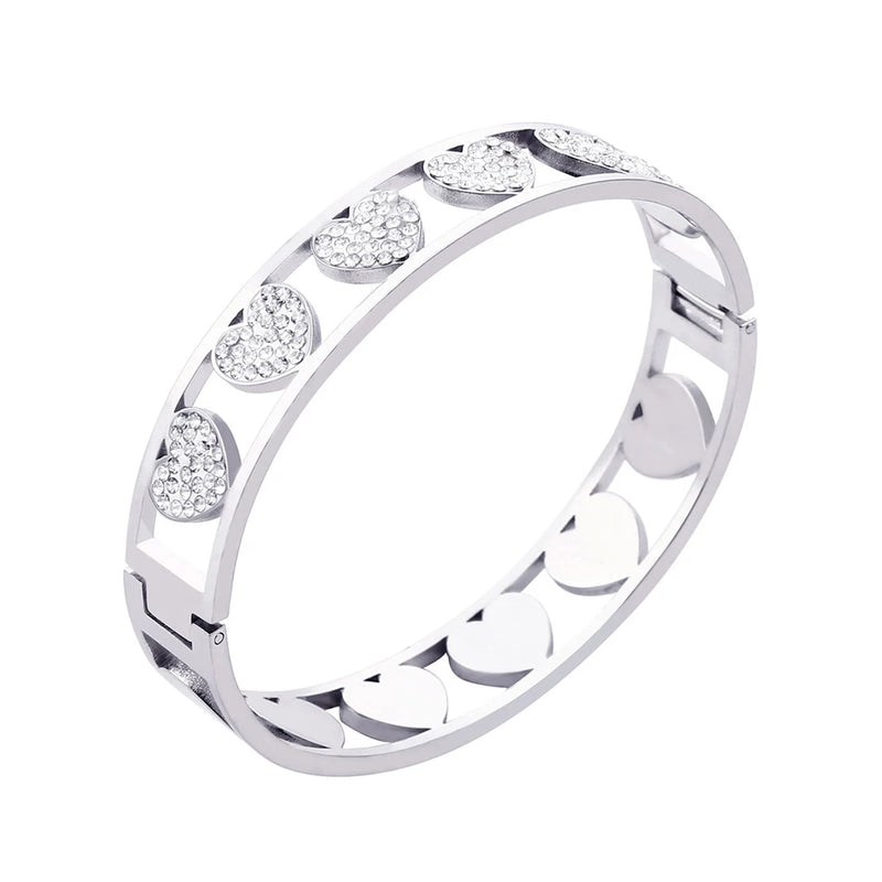 Crystal Hearts Charm Bangle Stainless Steel Bracelet for Women