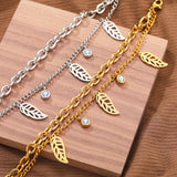 Stainless Steel Crystal Zircon Plant Leaves Charm Chain Bracelet