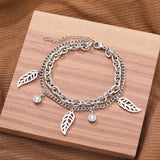 Stainless Steel Crystal Zircon Plant Leaves Charm Chain Bracelet