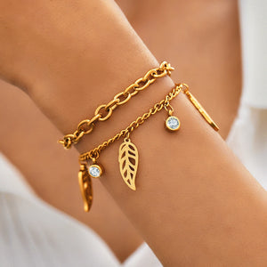 Stainless Steel Crystal Zircon Plant Leaves Charm Chain Bracelet