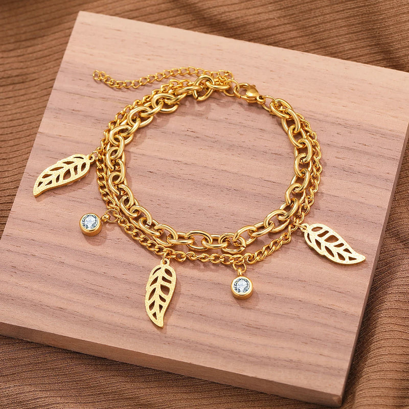 Stainless Steel Crystal Zircon Plant Leaves Charm Chain Bracelet
