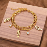 Stainless Steel Crystal Zircon Plant Leaves Charm Chain Bracelet