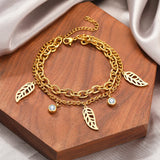 Stainless Steel Crystal Zircon Plant Leaves Charm Chain Bracelet
