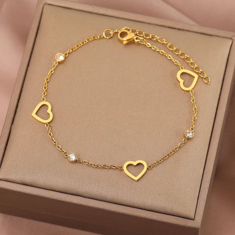 Heart Charm Stainless Steel Bracelet Crystal Zircon Women Jewelry
