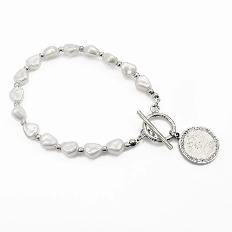 Stainless Steel Logo Pearl Link Human Head Graphics Link Bracelet Bangles
