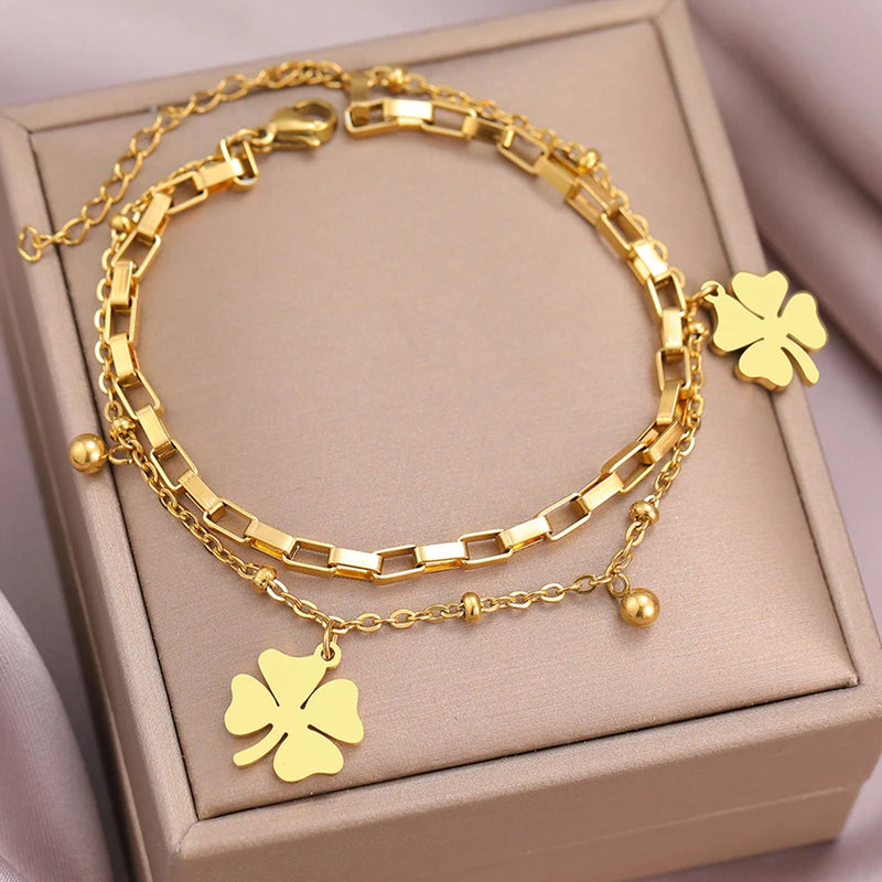 Bell Clovers Pendant Beads Layer Chain Bracelet Women Jewelry