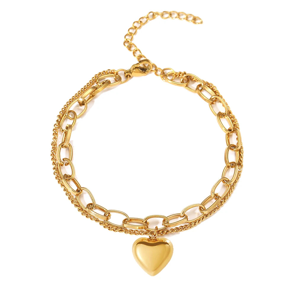 Vintage Heart Pendant Multilayer Chains Bracelet for Women