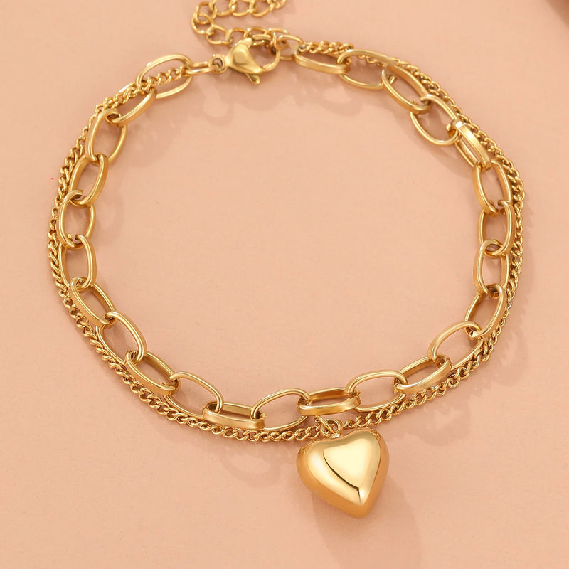 Vintage Heart Pendant Multilayer Chains Bracelet for Women