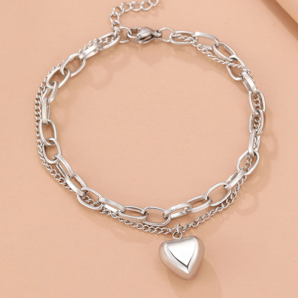 Vintage Heart Pendant Multilayer Chains Bracelet for Women