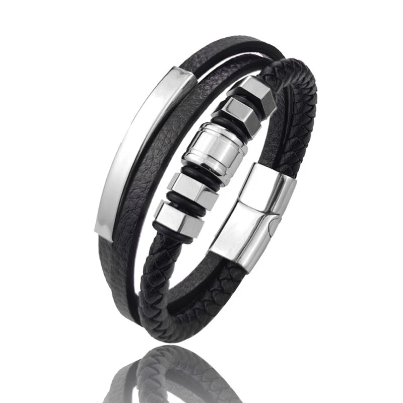 Stainless Steel Braided Leather Bracelet for Men Women