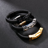 Men's Stainless Steel Braided Motorcycle Chain Leather Bracelet 12MM