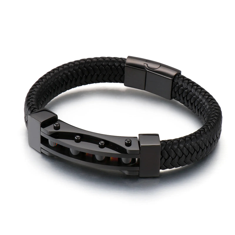 Men's Stainless Steel Braided Motorcycle Chain Leather Bracelet 12MM