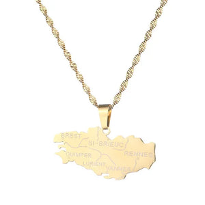 Stainless Steel Bretagne Map Necklace Breizh Llydaw Brittany Map Pendant