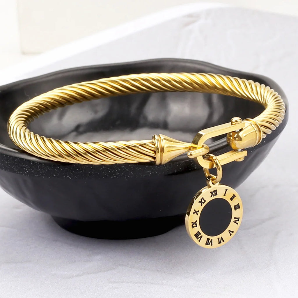 Stainless Steel Braided Roman Numeral Bracelet Bangle