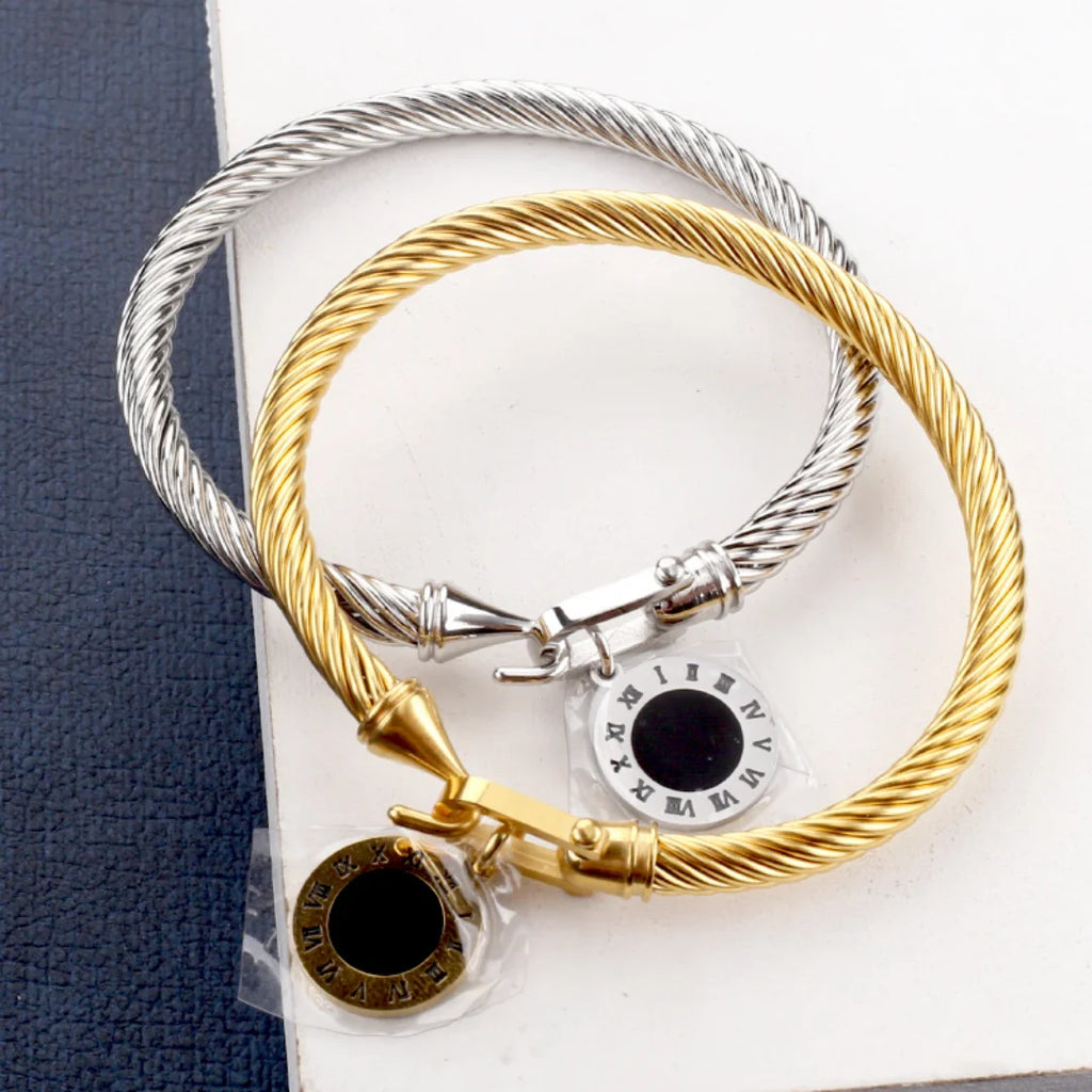 Stainless Steel Braided Roman Numeral Bracelet Bangle