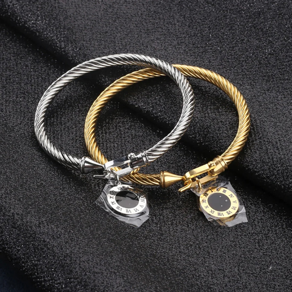 Stainless Steel Braided Roman Numeral Bracelet Bangle