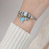 Stainless Steel Fish Charm Bangle Crystal Beaded Jewelry Gift