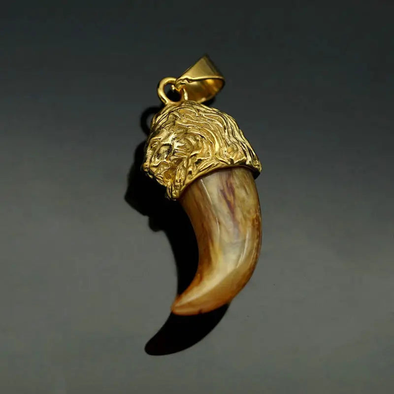 Stainless Steel Lion Head Pendant Wolf Tooth Resin Pendant