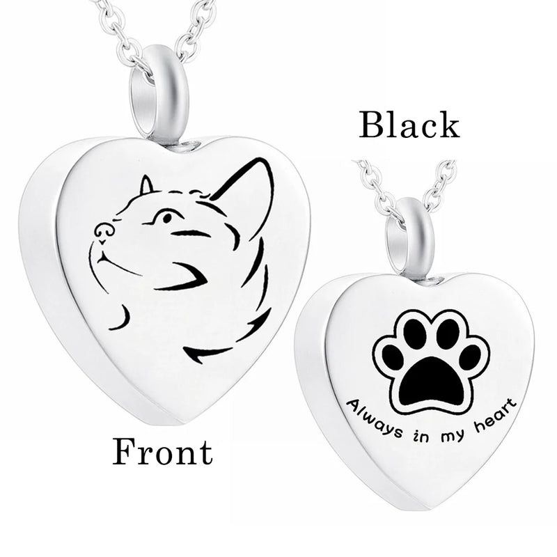 Stainless Steel Cat Memorial Heart Pendant Paw Print Urn Necklace For Ashes