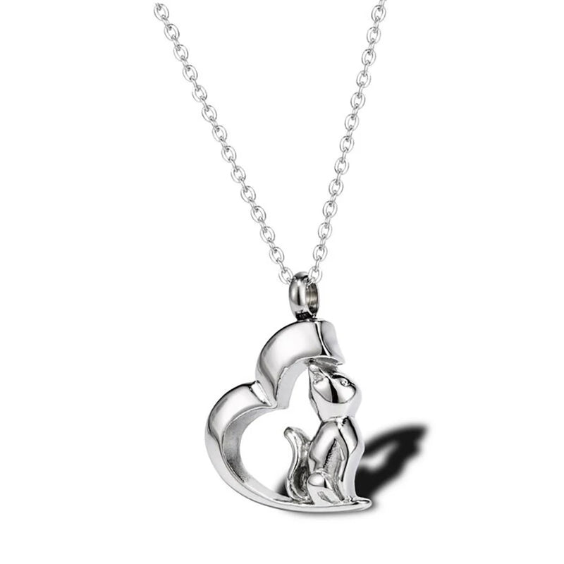 Stainless Steel Cat Pet Cremation Heart Ash Urn Pendant Necklace