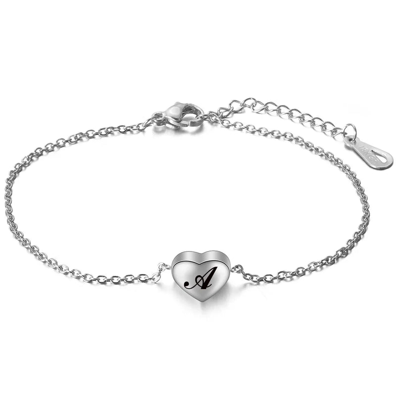Stainless Steel Initial Alphabet Heart Charm Bracelet A-Z