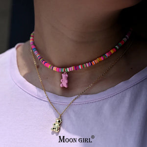Stainless Steel Bear Pendant Necklace Clay Choker
