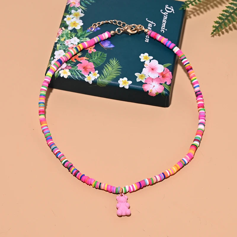 Stainless Steel Bear Pendant Necklace Clay Choker
