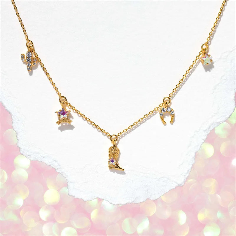 Colorful Zircon Cowboy Boots Pendant Necklace for Women