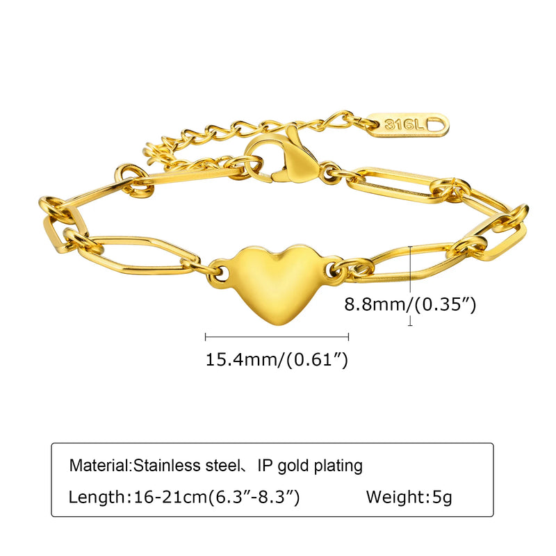 Heart Charms Bracelet Women Stainless Steel 14k Plated