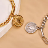 Stainless Steel Charm Bracelet Elizabeth Coin Chunky OT Buckle Bracelets Women