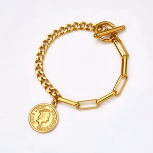Stainless Steel Charm Bracelet Elizabeth Coin Chunky OT Buckle Bracelets Women