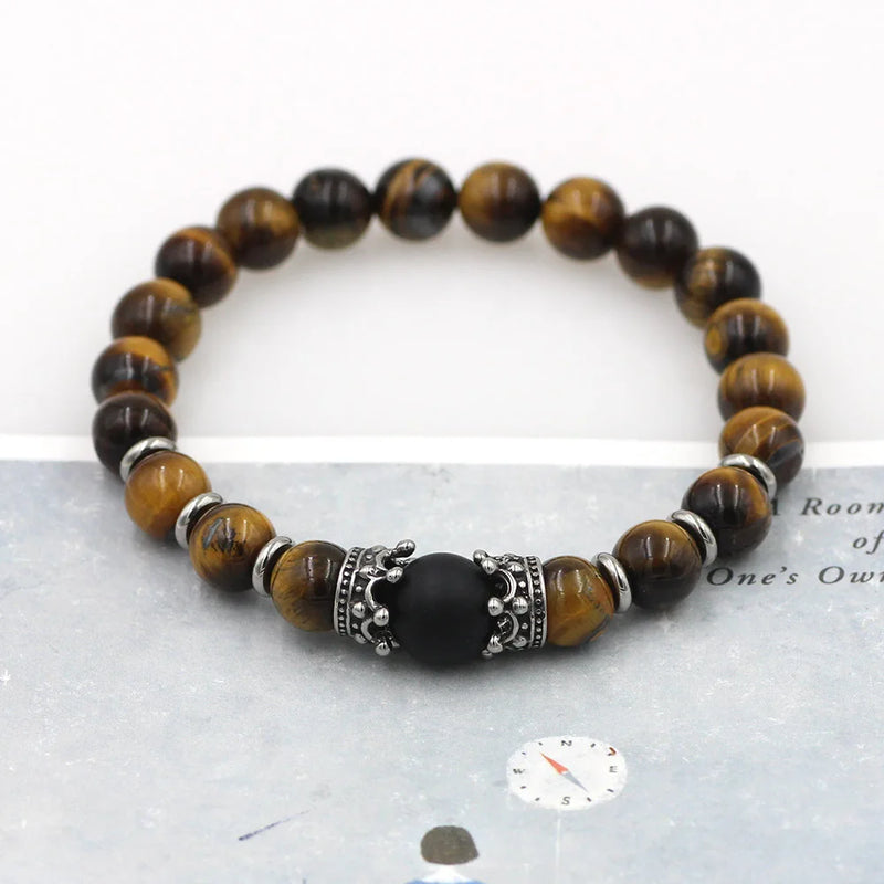 Tiger Eye Stone Crown Bracelet Stainless Steel Charm Friendship Jewelry