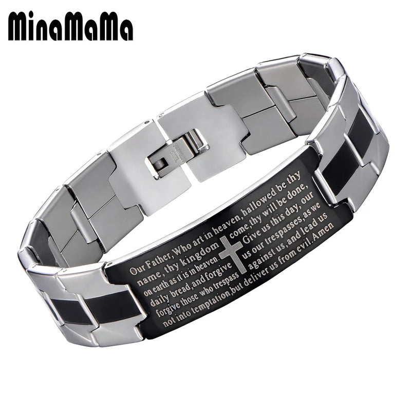 Stainless Steel Chunky Chain Bible Cross Cuff Bracelet