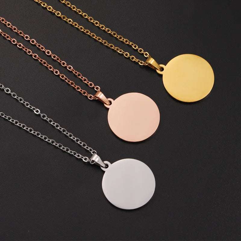 Stainless Steel Circle Bar Necklace Engraved Name Metal Round Tag Necklace