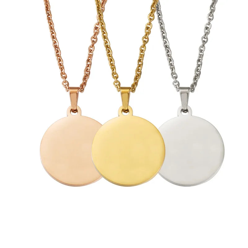 Stainless Steel Circle Bar Necklace Engraved Name Metal Round Tag Necklace