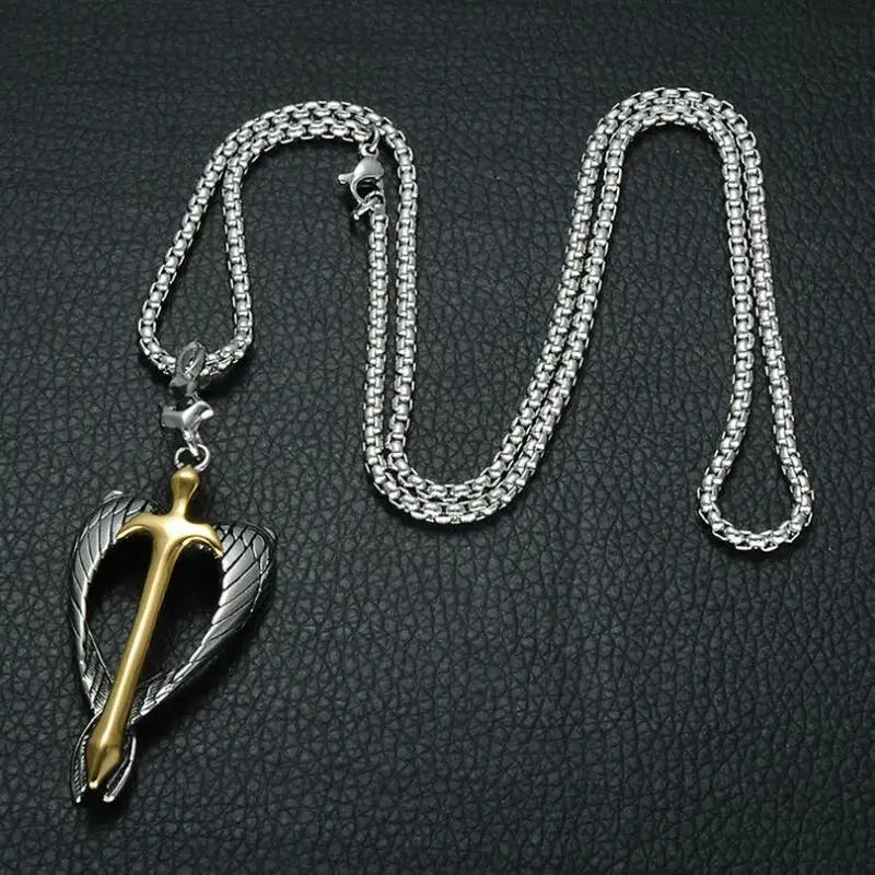 Stainless Steel Winged Sword Cross Pendant Men's Necklace