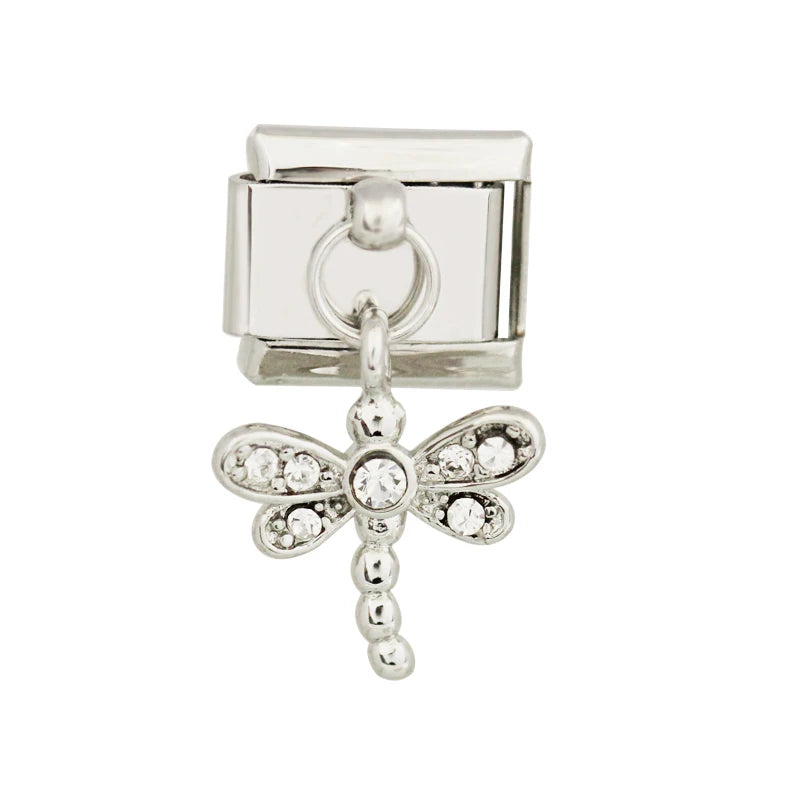 Stainless Steel Crystal Dragonfly Dangle Charm Bracelet