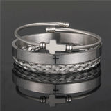 Stainless Steel Cross Charm Silver Bracelet Men Women Jewelry Set