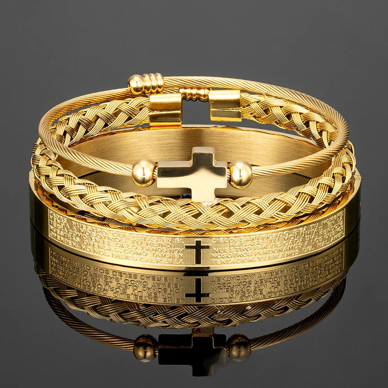 Stainless Steel Cross Charm Silver Bracelet Men Women Jewelry Set