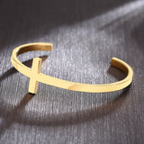 Stainless Steel Cross Cuff Bracelet Open Sideways Cross Bangle