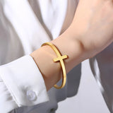 Stainless Steel Cross Cuff Bracelet Open Sideways Cross Bangle