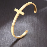 Stainless Steel Cross Cuff Bracelet Open Sideways Cross Bangle