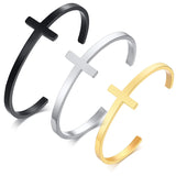 Stainless Steel Cross Cuff Bracelet Open Sideways Cross Bangle